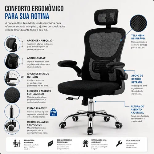 Cadeira De Escritório Ergonômica Giratória Tela Mesh Preta