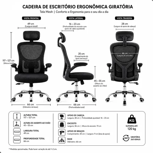 Cadeira De Escritório Ergonômica Giratória Tela Mesh Preta