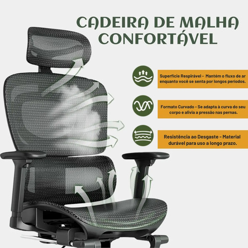 Cadeira De Escritório Ergonômica Mônaco Bt07 Luvinco Malha Respirável Com Suporte Lombar Adaptável Apoio Para Pés Retrátil Encosto Ajustável Seis Posições Cor Preta Suporta 200kg
