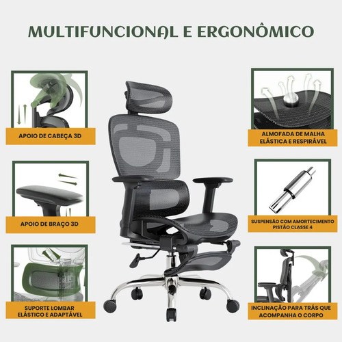 Cadeira De Escritório Ergonômica Mônaco Bt07 Luvinco Malha Respirável Com Suporte Lombar Adaptável Apoio Para Pés Retrátil Encosto Ajustável Seis Posições Cor Preta Suporta 200kg