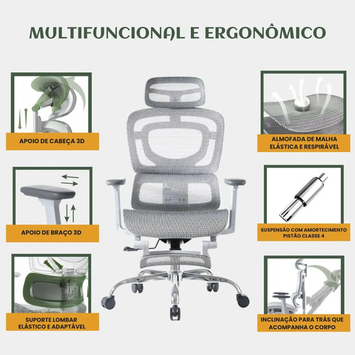 Cadeira De Escritório Ergonômica Mônaco Bt07 Luvinco Malha Respirável Com Suporte Lombar Adaptável Apoio Para Pés Retrátil Encosto Ajustável Seis Posições Cor Cinza Suporta 200kg