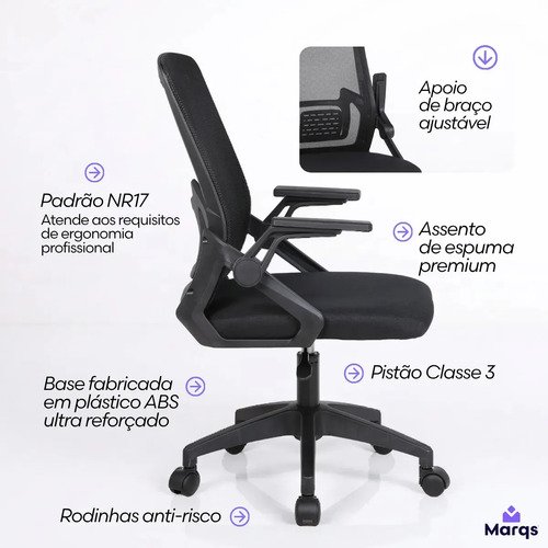 Cadeira De Escritorio Ergonomica Nr17 Ethernus Marqs Home Giratoria Resistente Reforçada 180kg Confortavel Reuniao Preto
