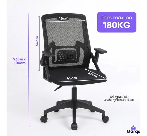 Cadeira De Escritorio Ergonomica Nr17 Ethernus Marqs Home Giratoria Resistente Reforçada 180kg Confortavel Reuniao Preto