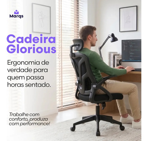 Cadeira De Escritorio Ergonomica Nr17 Glorious Marqs Home Giratoria Resistente Reforçada 180kg Confortavel Reuniao Mesh Preta