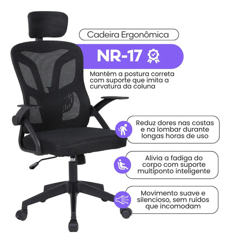 Cadeira De Escritorio Ergonomica Nr17 Glorious Marqs Home Giratoria Resistente Reforçada 180kg Confortavel Reuniao Mesh Preta