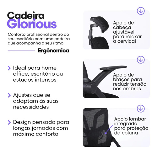 Cadeira De Escritorio Ergonomica Nr17 Glorious Marqs Home Giratoria Resistente Reforçada 180kg Confortavel Reuniao Mesh Preta