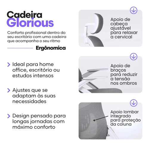 Cadeira De Escritorio Ergonomica Nr17 Glorious Marqs Home Giratoria Resistente Reforçada 180kg Confortavel Reuniao Mesh Cinza