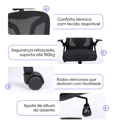 Cadeira De Escritorio Ergonomica Nr17 Glorious Marqs Home Giratoria Resistente Reforçada 180kg Confortavel Reuniao Mesh Preta