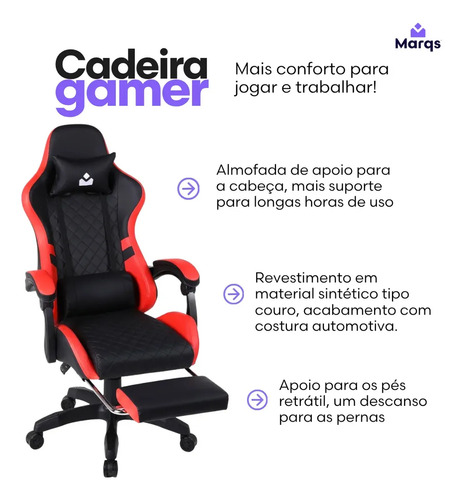 Cadeira De Escritorio Gamer Ergonômica Dunamis Vermelho Marqs Home Reclinável 180kg Resistente Giratória Confortavel Computador