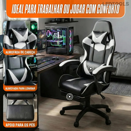 Cadeira de escritório Gamer ergonômica Reclinável Com Apoio dos Pés Branco Led Tools com estofado de couro sintético