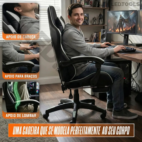 Cadeira de escritório Gamer ergonômica Reclinável Com Apoio dos Pés Branco Led Tools com estofado de couro sintético