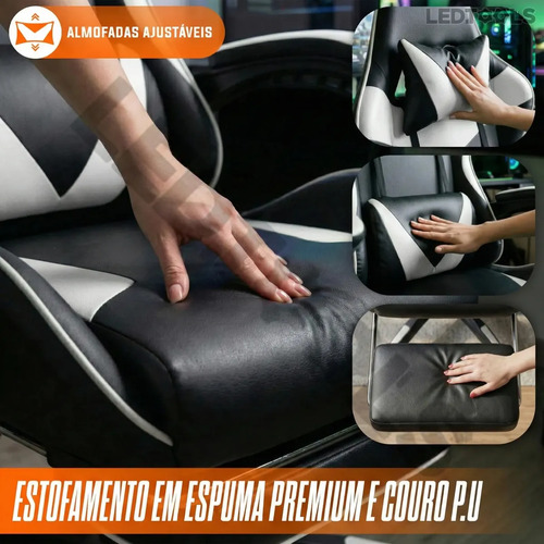 Cadeira de escritório Gamer ergonômica Reclinável Com Apoio dos Pés Branco Led Tools com estofado de couro sintético