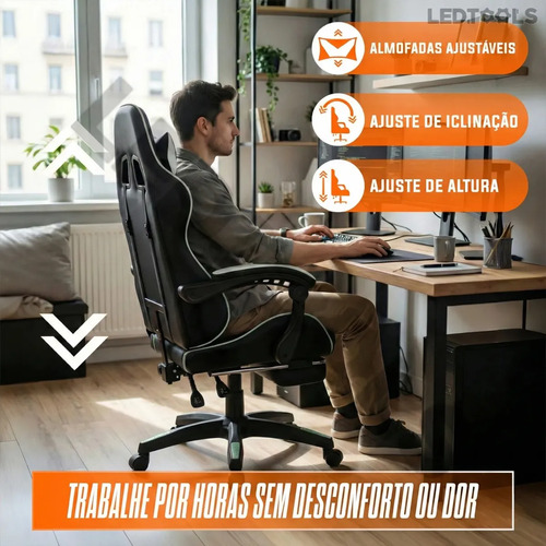 Cadeira de escritório Gamer ergonômica Reclinável Com Apoio dos Pés Branco Led Tools com estofado de couro sintético
