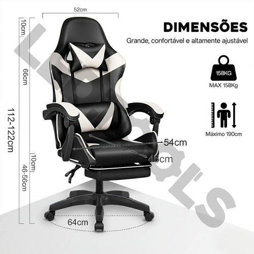 Cadeira de escritório Gamer ergonômica Reclinável Com Apoio dos Pés Branco Led Tools com estofado de couro sintético