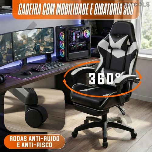 Cadeira de escritório Gamer ergonômica Reclinável Com Apoio dos Pés Branco Led Tools com estofado de couro sintético
