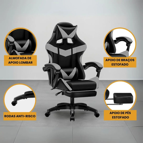 Cadeira De Escritório Gamer Nitro Ergonômica Estofado Couro Sintético Reclinável Altura Ajustável Apoio Para Pés Cor Cinza