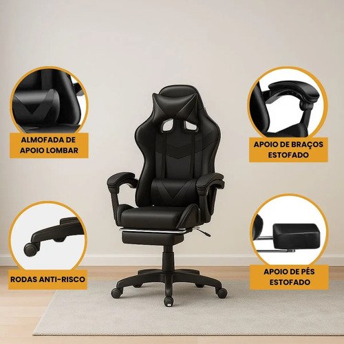 Cadeira De Escritório Gamer Nitro Ergonômica Estofado Couro Sintético Reclinável Altura Ajustável Apoio Para Pés Cor Preto Luvinco