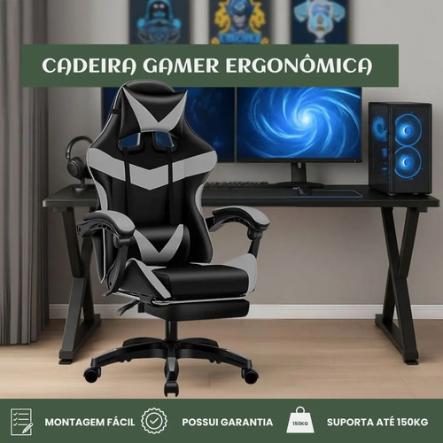 Cadeira De Escritório Gamer Nitro Ergonômica Estofado Couro Sintético Reclinável Altura Ajustável Apoio Para Pés Cor Cinza