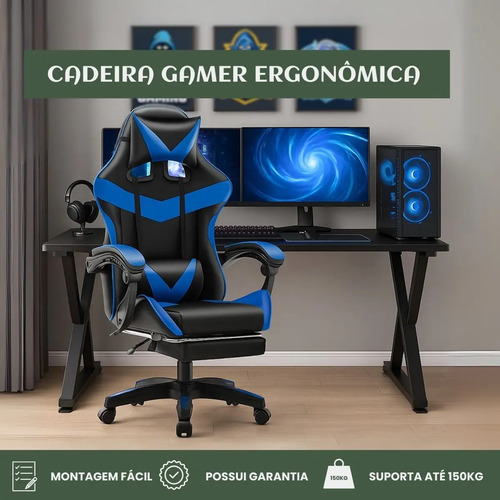 Cadeira De Escritório Gamer Nitro Ergonômica Estofado Couro Sintético Reclinável Altura Ajustável Apoio Para Pés Cor Azul Luvinco