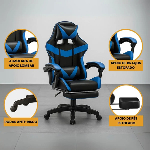 Cadeira De Escritório Gamer Nitro Ergonômica Estofado Couro Sintético Reclinável Altura Ajustável Apoio Para Pés Cor Azul Luvinco