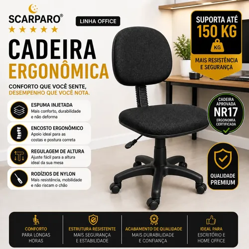 Cadeira De Escritorio Giratória Secretaria Sem Braços, Preta