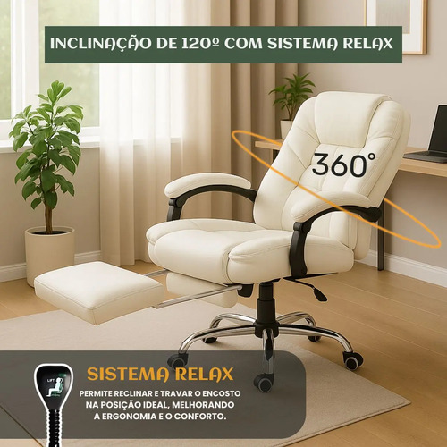 Cadeira De Escritório Itália Presidente Ergonômica Couro Sintético Encosto Ajustável Com Trava E Apoio Para Pés Cor Branca Luvinco