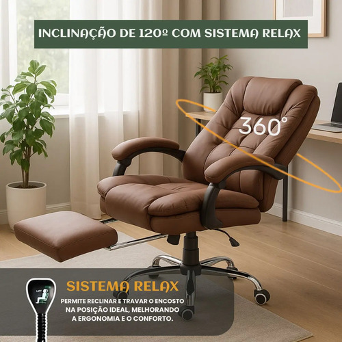 Cadeira De Escritório Itália Presidente Ergonômica Couro Sintético Encosto Ajustável Com Trava E Apoio Para Pés Cor Marrom Luvinco