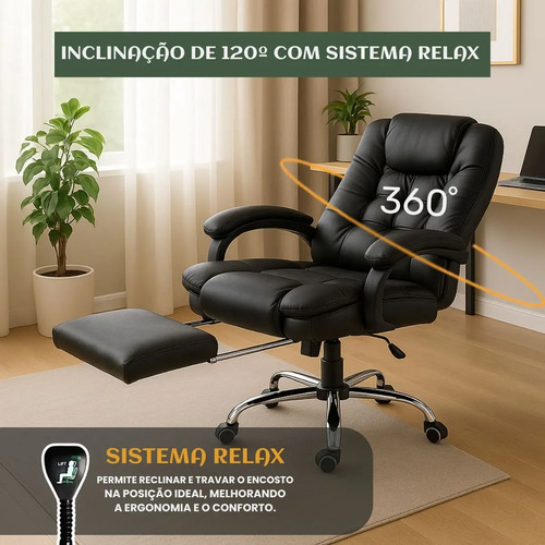 Cadeira De Escritório Itália Presidente Ergonômica Couro Sintético Encosto Ajustável Com Trava E Apoio Para Pés Cor Preta Luvinco