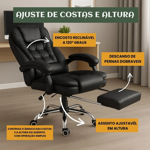 Cadeira De Escritório Itália Presidente Ergonômica Couro Sintético Encosto Ajustável Com Trava E Apoio Para Pés Cor Preta Luvinco