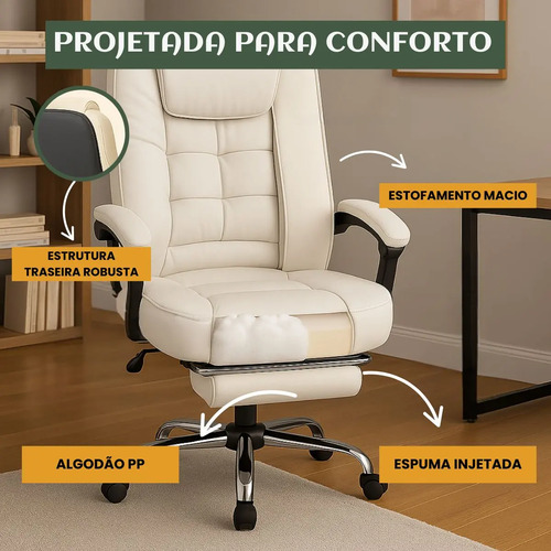 Cadeira De Escritório Itália Presidente Ergonômica Couro Sintético Encosto Ajustável Com Trava E Apoio Para Pés Cor Branca Luvinco