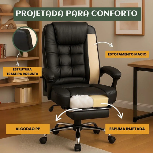 Cadeira De Escritório Itália Presidente Ergonômica Couro Sintético Encosto Ajustável Com Trava E Apoio Para Pés Cor Preta Luvinco