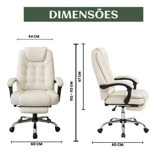 Cadeira De Escritório Itália Presidente Ergonômica Couro Sintético Encosto Ajustável Com Trava E Apoio Para Pés Cor Branca Luvinco