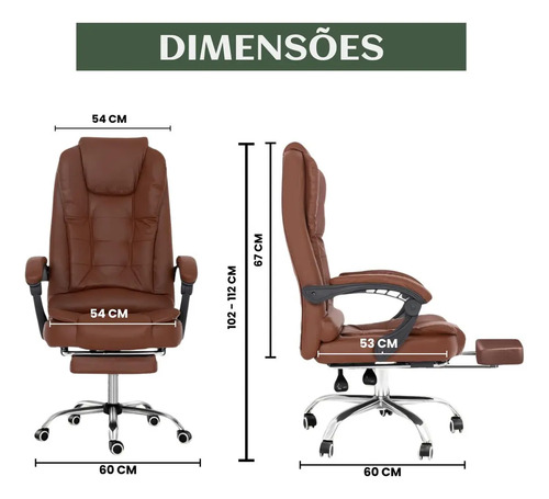 Cadeira De Escritório Itália Presidente Ergonômica Couro Sintético Encosto Ajustável Com Trava E Apoio Para Pés Cor Marrom Luvinco