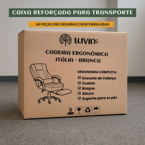 Cadeira De Escritório Itália Presidente Ergonômica Couro Sintético Encosto Ajustável Com Trava E Apoio Para Pés Cor Branca Luvinco