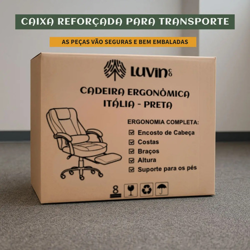 Cadeira De Escritório Itália Presidente Ergonômica Couro Sintético Encosto Ajustável Com Trava E Apoio Para Pés Cor Preta Luvinco