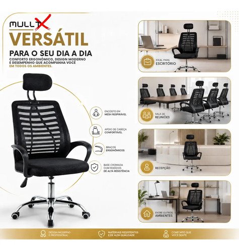 Cadeira De Escritório MULLTX Giratória Estofado Mesh Cor Preto Com Suporte Para Lombar Altura Ajustável
