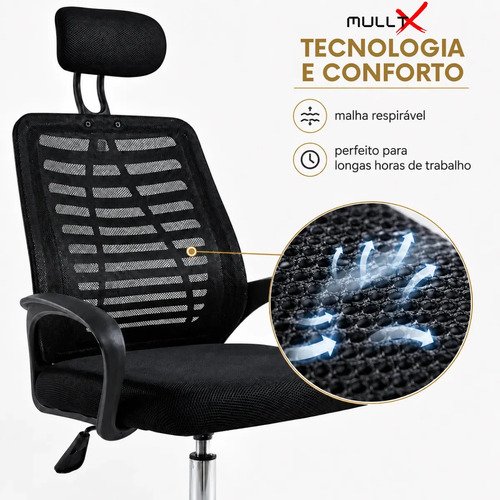 Cadeira De Escritório MULLTX Giratória Estofado Mesh Cor Preto Com Suporte Para Lombar Altura Ajustável