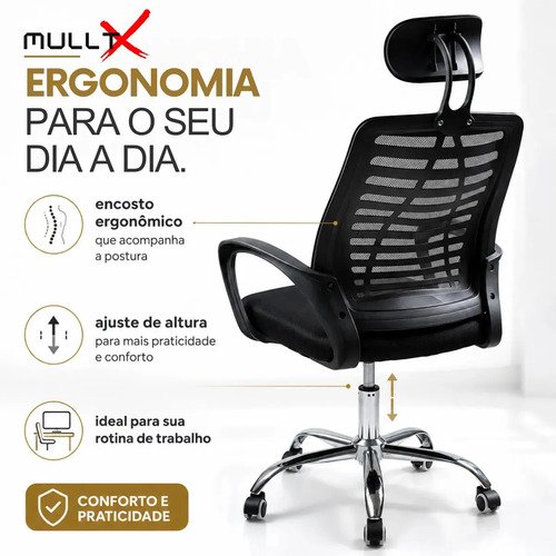 Cadeira De Escritório MULLTX Giratória Estofado Mesh Cor Preto Com Suporte Para Lombar Altura Ajustável