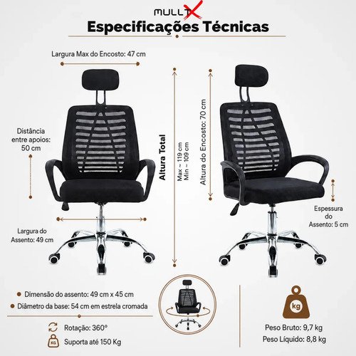 Cadeira De Escritório MULLTX Giratória Estofado Mesh Cor Preto Com Suporte Para Lombar Altura Ajustável