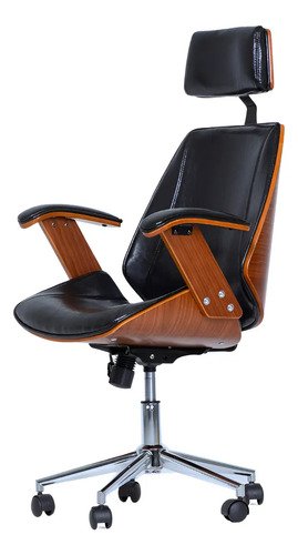 Cadeira De Escritório Presidente Cor Preto Ergonômica Executiva Giratória Acabamento Em Couro Sintético E Madeira Premium Lisboa Paris