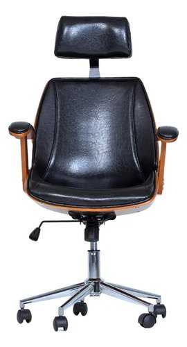Cadeira De Escritório Presidente Cor Preto Ergonômica Executiva Giratória Acabamento Em Couro Sintético E Madeira Premium Lisboa Paris