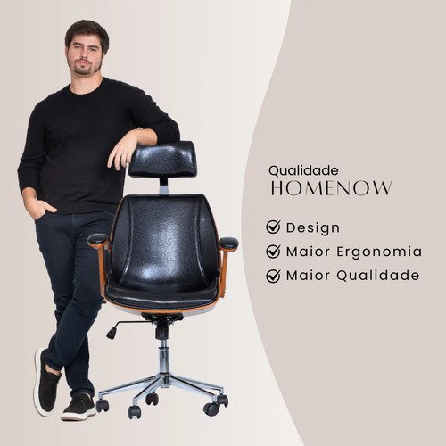 Cadeira De Escritório Presidente Cor Preto Ergonômica Executiva Giratória Acabamento Em Couro Sintético E Madeira Premium Lisboa Paris