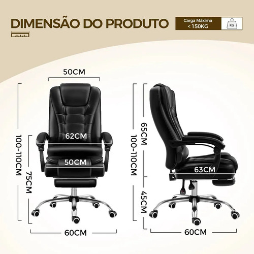 Cadeira De Escritório Presidente Ergonômica Python Fly Couro Sintético Encosto Ajustável Com Trava E Apoio Para Pés Cor Preta