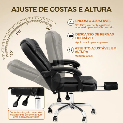 Cadeira De Escritório Presidente Ergonômica Python Fly Couro Sintético Encosto Ajustável Com Trava E Apoio Para Pés Cor Preta