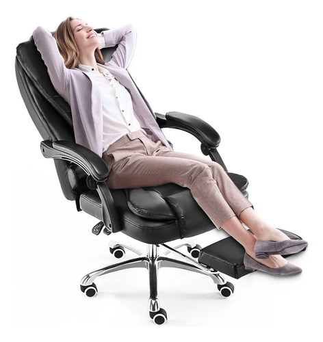 Cadeira De Escritório Presidente Ergonômica Python Fly Couro Sintético Encosto Ajustável Com Trava E Apoio Para Pés Cor Preta