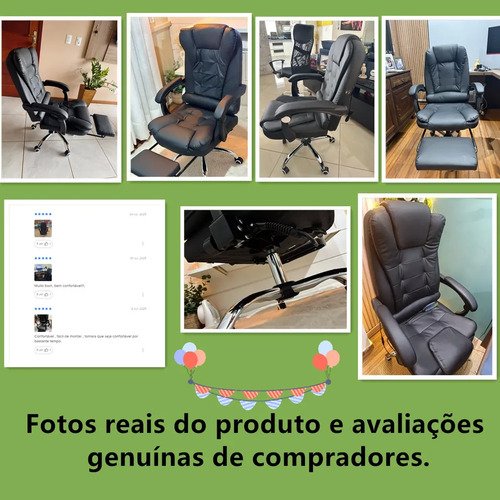 Cadeira De Escritorio Presidente Giratoria Preta Couro Mater Modelo reforçado com reclinação de 135°, assento giratório e massagem dupla. Perfeito para escritório, home office, casa e sala de estudos.