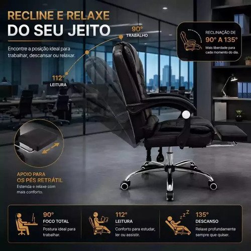 Cadeira De Escritorio Presidente Giratoria Preta Couro Mater Modelo reforçado com reclinação de 135°, assento giratório e massagem dupla. Perfeito para escritório, home office, casa e sala de estudos.