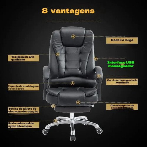 Cadeira De Escritorio Presidente Giratoria Preta Couro Mater Modelo reforçado com reclinação de 135°, assento giratório e massagem dupla. Perfeito para escritório, home office, casa e sala de estudos.