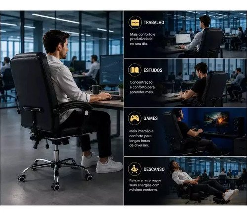 Cadeira De Escritorio Presidente Giratoria Preta Couro Mater Modelo reforçado com reclinação de 135°, assento giratório e massagem dupla. Perfeito para escritório, home office, casa e sala de estudos.