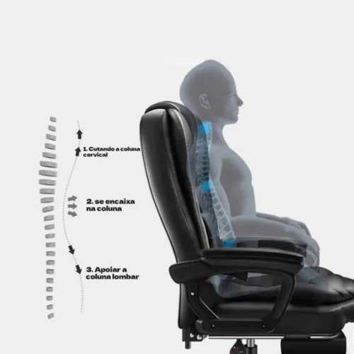 Cadeira De Escritorio Presidente Giratoria Preta Couro Mater Modelo reforçado com reclinação de 135°, assento giratório e massagem dupla. Perfeito para escritório, home office, casa e sala de estudos.